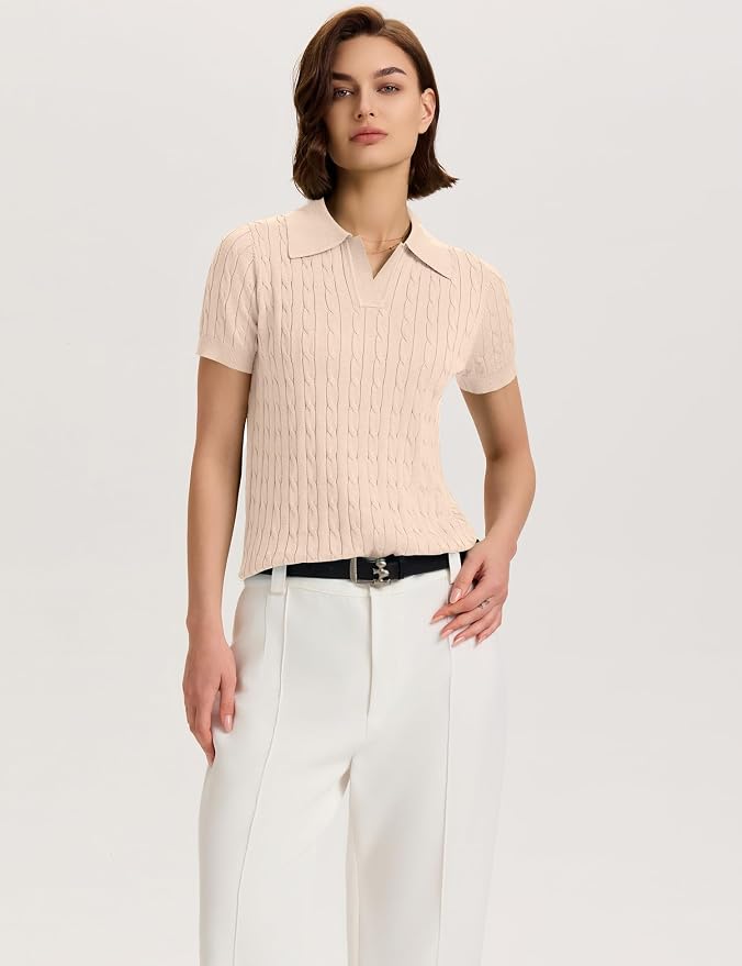 Micoson Womens Short Sleeve Sweater Tops Lapel V Neck Polo Shirts 2026 | Summer Cable Knit Loose Blouses, Business Casual Outfits