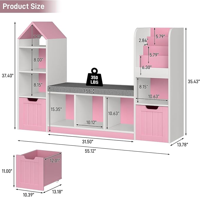 Kids Bookcase with Reading Nook, Bench Kids Bookshelf with 7 Storage Cubbies and 2 Movable Drawers, Multi-Purpose Toy Storage Organizer with Seat Cushion for Playroom, Bedroom, Living Room, Pink