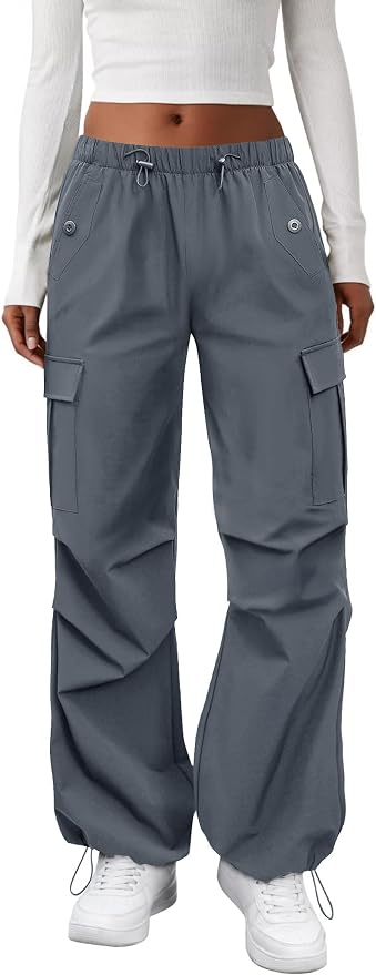 COPYLEAF Cargo Pants Women Elastic Waisted Parachute Hiking Pants with Pockets Water-Resistant Lightweight Baggy Pants