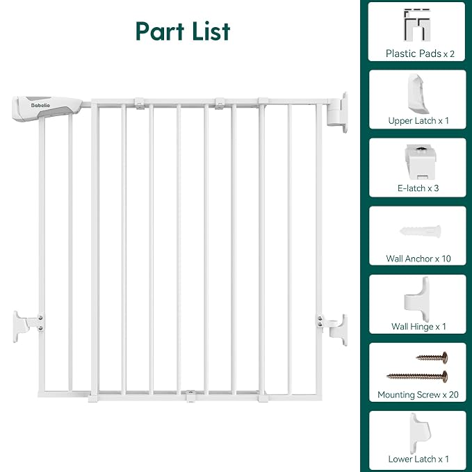 Babelio Baby Gate for Stairs, Kitchen & Doorways, 26-43" W 28" H No Bottom Bar| Easy Installation| One-Handed Operation| Auto-Close| Hardware Mount (Drill Needed) Safety Dog/Pet Gate Indoor (White)