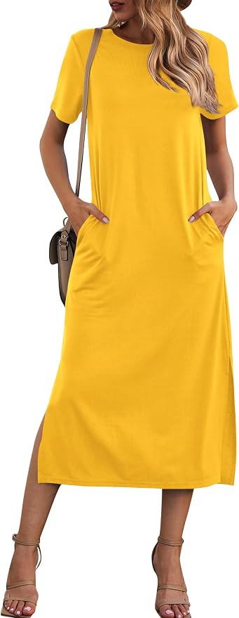 Naggoo Women's Casual T Shirt Midi Dress with Side Slit and Pockets