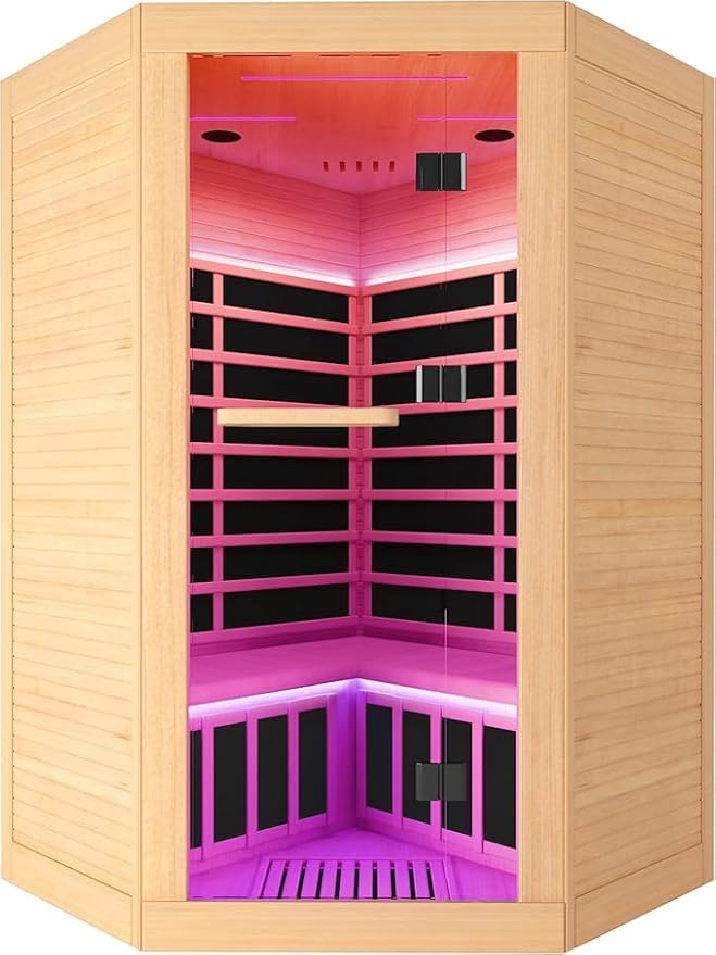 Corner Sauna for 2-3 Person Far Infrared Saunas Room Home Canadian Hemlock Indoor 2180W Low-EMF Dry Saunas with 7 Color Therapy 47.2 * 47.2 * 74.8inch