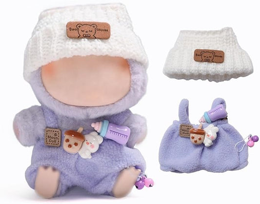 17 cm Doll Clothes (No Doll) - Premium Doll Clothing & Accessories, Purple Back Dress Set - Knit Hat + Bottle Hair Clip + Plush Back Pants(Style E)