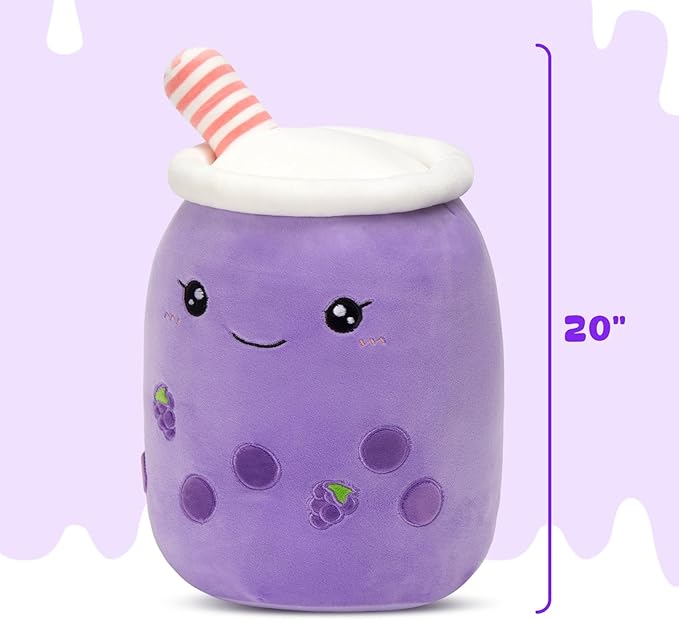 Athoinsu Purple Grape Boba Tea Plush Pillow 20'' Giant Kawaii Stuffed Bubble Animal Toy Birthday Christmas Holiday Valentines Gifts for Kids,Girls,Boys