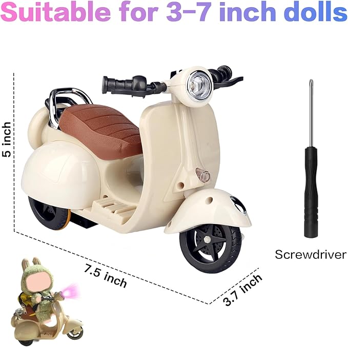 Scooter for Dolls Accessories, Cute Light-Up and Musical Seat with 360° Rotation, Cute Motorcycle for Dolls– Perfect for Doll Collectors, Batteries Not Included (Beige)