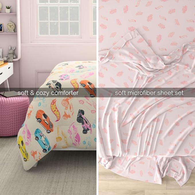 Hot Wheels Girls Kids Bedding Super Soft Comforter and Sheet Set with Sham, 7 Piece Full Size, (Officially Licensed Product) By Franco