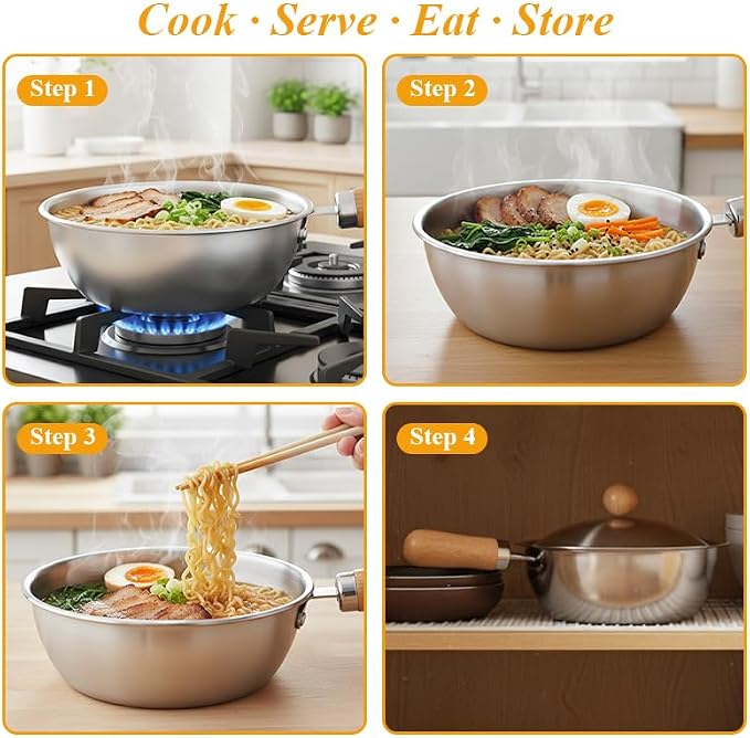 Korean Ramen Pot Set, 18/8 Stainless Steel Ramen Cooking Pot with Stainless Steel Lid, Coating-Free One-Person Dining Set, Wooden Handle Bowl, Fork Spoon Chopsticks&Sauce Dish, Safe for Gas Stove