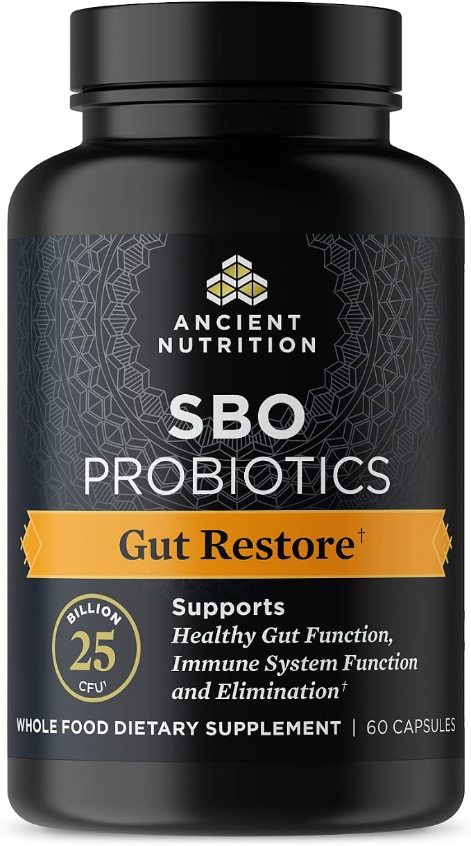 Ancient Nutrition Probiotics, SBO Probiotics Gut Restore 60 Ct, Promotes Gut Health, Digestive and Immune Support, Gluten Free, Ancient Superfoods Blend, 25 Billion CFUs* Per Serving