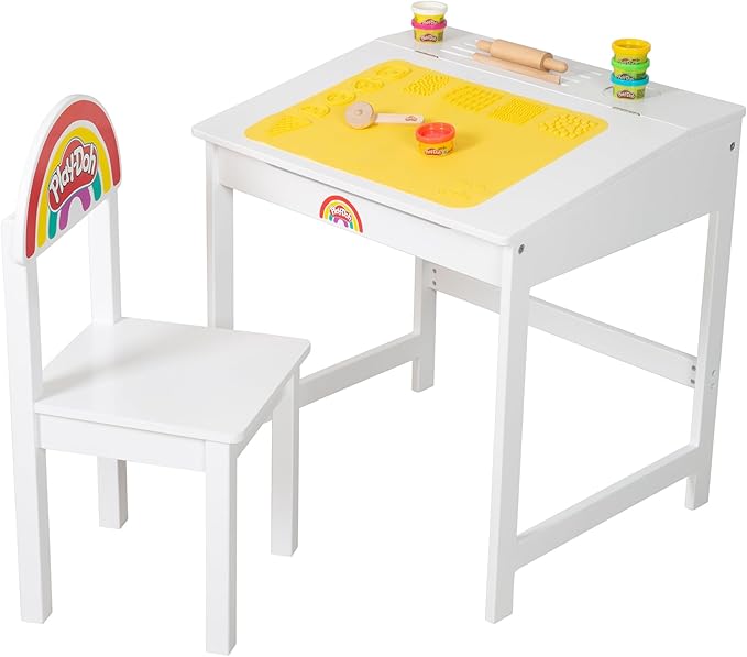 robaPlay-Doh Wooden School Desk & Chair Set with Playset | Creative Workspace for Kids with Storage, Tools, Mat | Fun Art & Craft Station for Boys & Girls 3+