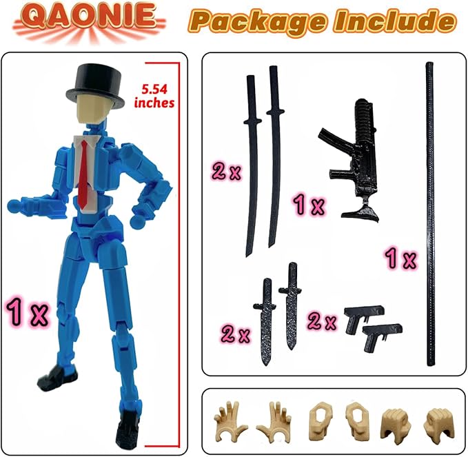 3D Printed 5.54-inch Multi-Jointed Action Figures Dummy13, Full Body Mechanical Movable Toy, Multiple Accessories, Hand Painted Figure, Desk Decoration, Creative Gifts (Y-Blue Gentleman)