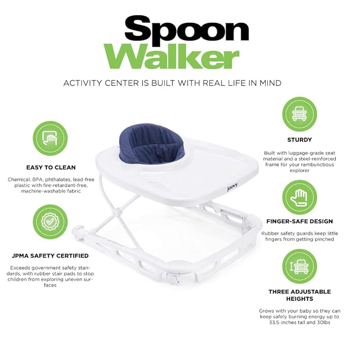 Joovy Spoon Baby Walker & Activity Center Featuring Three Adjustable Heights, Extra-Large Tray, and 30 lb Weight Capacity - JPMA Safety Certified, Blueberry