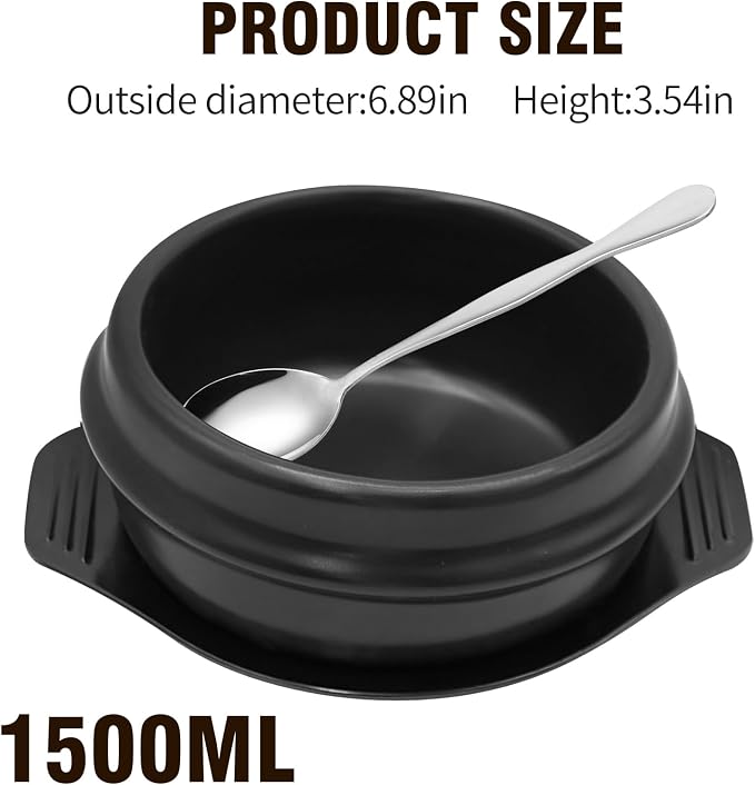 Korean Stone Pot Set with Tray and Stainless Steel Spoon, Ceramic Bowl for Bibimbap and Soup, No Lid (1500 ML (50 OZ))