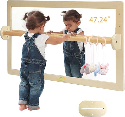 Infant Coordination Mirror Montessori Safety Pull up Bar Baby Mirror Acrylic Non-Glass Early Learning to Walk Mirror Upgrade Dual-Use with Base 47.24”