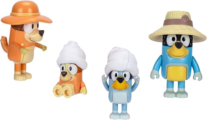 Bluey Figure 4-Packs, Family Trip, 2.5 Inch Poseable, Bingo, Bandit and Chilli, with Accessories, Kids Can Recreate Their Favorite Moments
