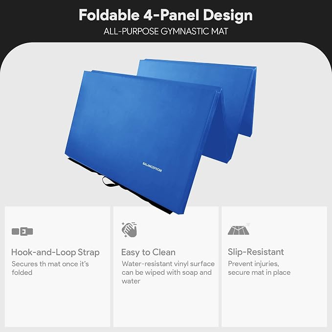 BalanceFrom 10x4 Feet 4-Panel Folding Gymnastics Mat – 2-Inch Thick Pad with Vinyl Surface and Carrying Handles for Tumbling, Yoga, Pilates, Home Workouts, and Martial Arts