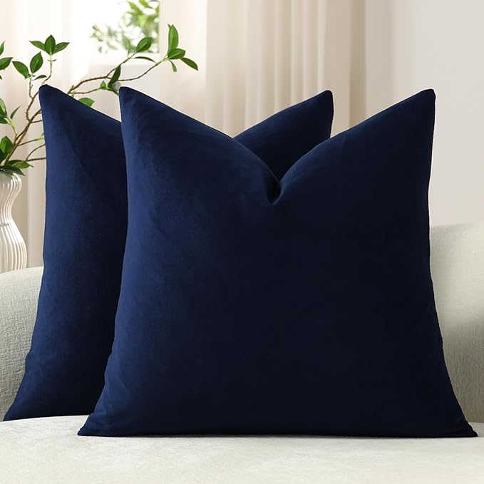 Euro Sham Covers 24x24 Navy Blue: Pack of 2 Cozy Soft Velvet Square Modern Luxury Decorative Throw Pillow Cases for Sofa Couch Living Room Bed Home Decor