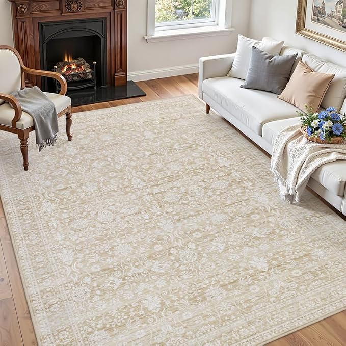 6x9 Area Rugs for Living Room: Vintage Boho Neutral Washable Rug Indoor Soft Large Area Rug Carpet for Bedroom Nursery Farmhouse Dining Room Office Floor Non-Slip Low Pile Under Table Natural Beige