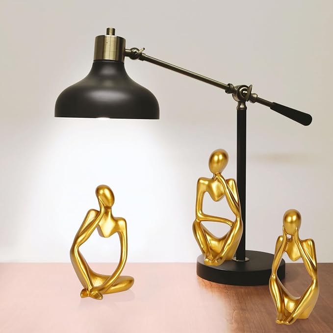 Sandstone Resin Thinker Statue Style Abstract Sculpture, Gold, 3pcs | Small Statue Collectible Figurines, Modern Aesthetic Ornament for Home Office Bookshelf Desktop Coffee Table Decor