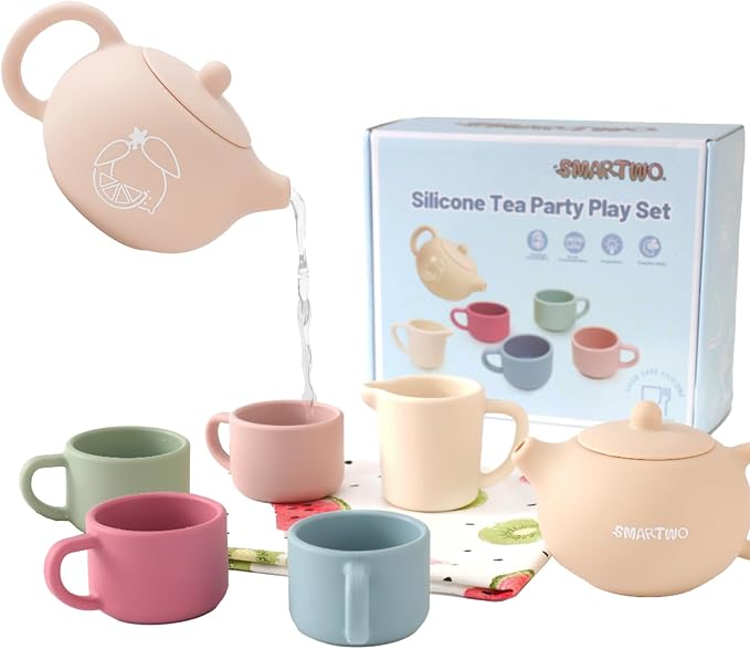 Silicone Tea Set for Toddlers Aged 0+ Months,Real or Play Tea Party Set for Kids,Non-Toxic Baby Kitchen Toys,Cute Morandi Children Gift Suitable for Little Girl Boy(with Washable Cloth Napkin)