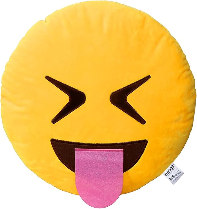 EvZ Official Certified Exciting Emoji Pillow - 32cm Large Soft Plush Smiley Face Winking Tongue Emoticon Cushion - Fun Decorative Stuffed Toy for Party Favors, Kids Playroom & Birthday Gift (Yellow)