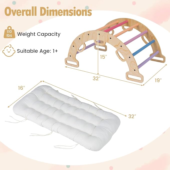 Costzon Wooden Rocking Climbing Arch w/Cushion, 3-in-1 Montessori Kids Climber Rocker for Toddlers, Playground Climbing Ladder Toy, Indoor Gym Learning Playset for Boys Girls Ages 1+ (Multi-Color)
