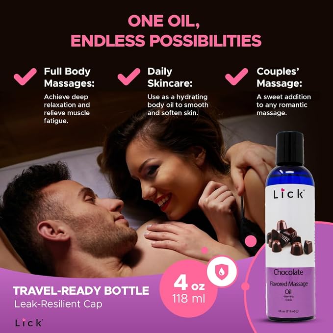Lick Chocolate Flavored Massage Oil – Rich Dessert-Inspired Edible Massage Oil with Sweet Almond Oil & Vitamin E, Luxurious Glide for Romantic Couples Massage, 4 oz
