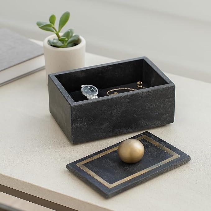 Decorative Rectangular Box with Knob – Marble & Metal Modern Decorative Box for Home Decor – Jewelry, Keepsakes, Accent Table Storage for Living Room, Bedroom, Office – 5", Black