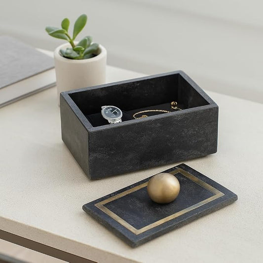 Decorative Rectangular Box with Knob – Marble & Metal Modern Decorative Box for Home Decor – Jewelry, Keepsakes, Accent Table Storage for Living Room, Bedroom, Office – 5", Black