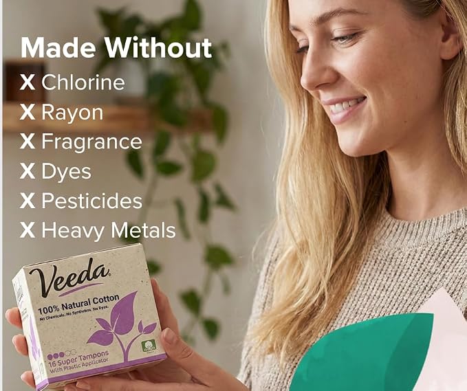 Veeda 100% Natural Cotton Compact Regular and Super Tampons - Compact BPA-Free Applicator - Unscented, Chlorine & Toxin Free - 32 Count Regular & 32 Count Super