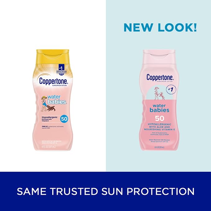 Coppertone WaterBabies Baby Sunscreen Lotion SPF 50, Hypoallergenic Sunscreen for Babies, Water Resistant, Pediatrician Recommended, 8 Fl Oz Bottle (Pack of 2)