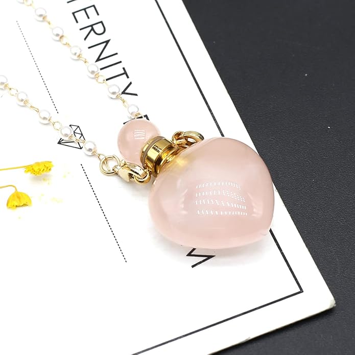 1pcs Natural Rose Quartz Stone Perfume Bottle Pendant Pearl Bead Chain Rectangle Heart Necklace for Women Jewelry Free Accessory Glasses