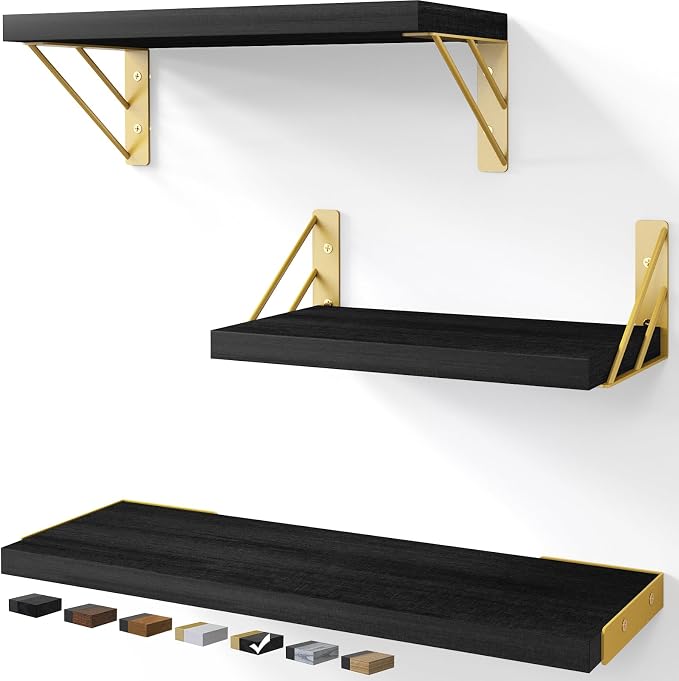 BAYKA Wall Shelves for Bedroom Decor, Floating Shelves for Living Room Kitchen Storage, Mounted Rustic Wood Floating Shelves for Kids Books, Corner Shelves for Bathroom, Office(Black Gold,Set of 3)