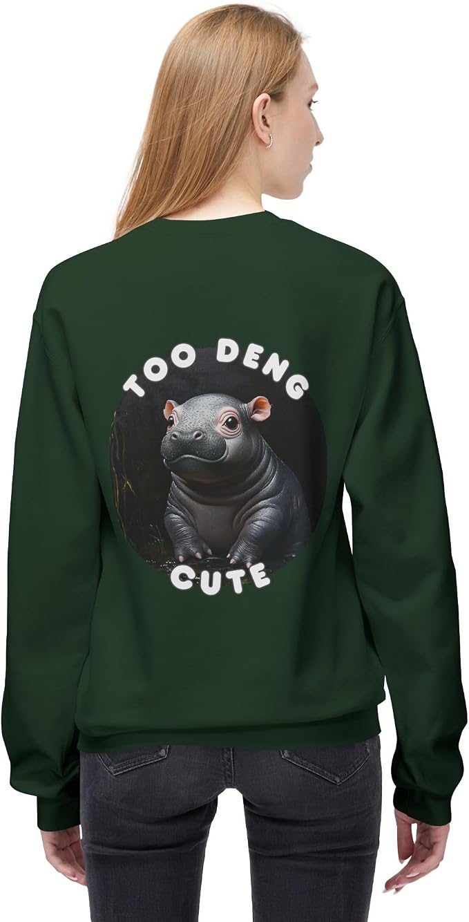 Unisex Fleece Crewneck Sweatshirt - Too Deng Cute Moo Deng Hippo, Cozy Cotton Blend, Classic Relaxed Fit