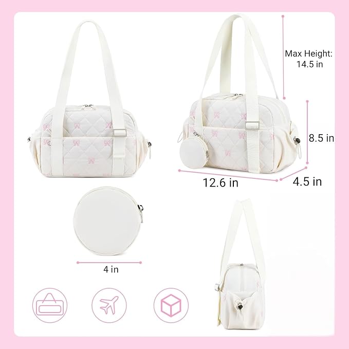CAMTOP Mini Gym Bag for Women, Small Gym Tote Bag Puffy Quilted Sports Duffel Bag with Wet Compartment and Coin Purse Duffel Bags Dance Yoga Workout Bag for Gifts (White Pink Bow, Mini-12.6")