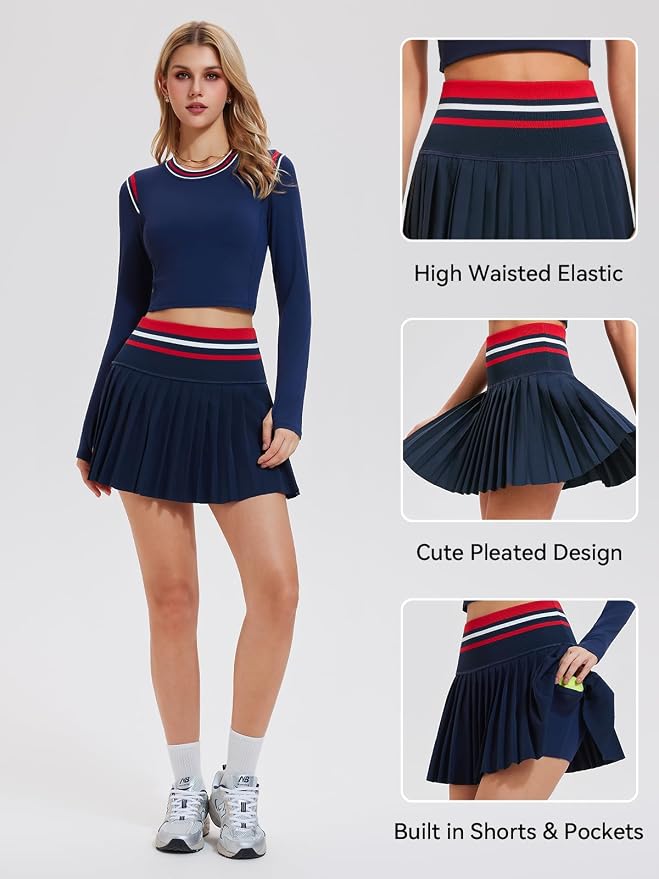 Two Piece Tennis Skirt Set for Women High Waisted Pleated Athletic Golf Skirt Sets Women 2 Piece Outfits with Pockets