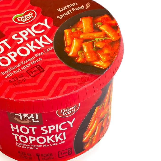 [Dongwon] Intense Fiery Hot Spicy Korean Rice Cake Topokki | Popular Korean Street Food | Easy to Prepare | Bold and Flavorful Chewy Snack for Spice Enthusiasts (1 Bowl)