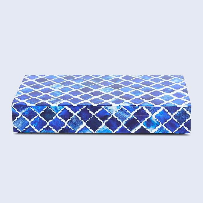 Handicrafts Home Large Decorative Storage Box with Lid, Moroccan Coffee Table Storage Organizer Box, Wooden Remote Holder Keepsake Storage Box, Console Table Storage, Blue, 12 x 6 x 2