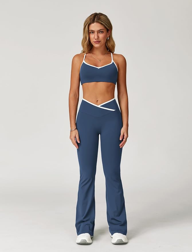 ABOCIW Workout Sets for Women 2 Piece Color Block Strappy Sports Bra High Waist Shorts Gym Yoga Pilates Outfits