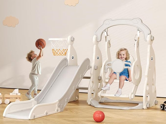 Toddler Slide, 4 in 1 Toddler Playset - Upgrade with Kids Slide, Swing, Basketball Hoop and Storage Space for Age 1-3, Indoor and Outdoor Playground