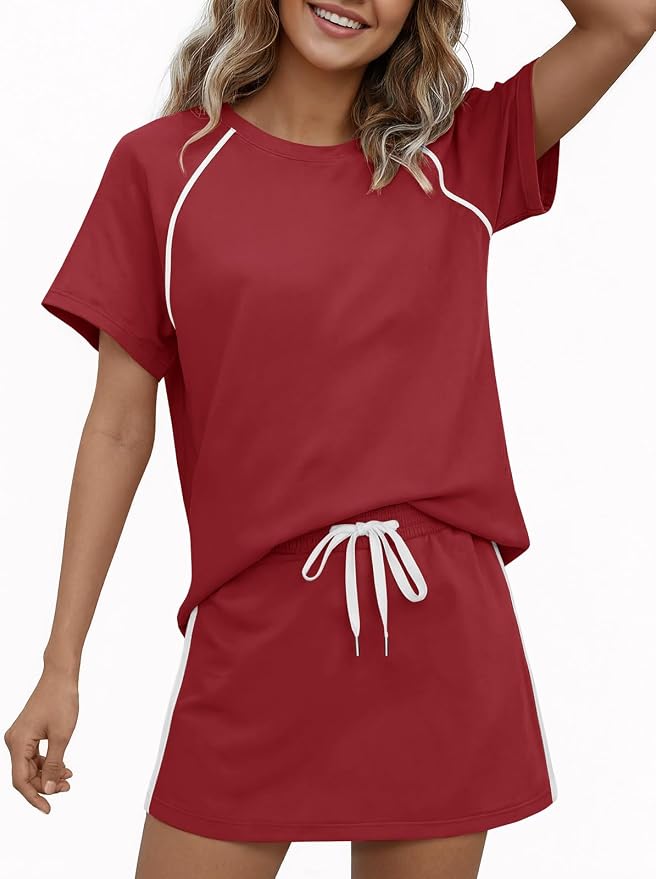Womens 2 Piece Skirt Sets Summer Tennis Outfits Vacation Skort Set | Two Piece Sets, Short Set, Athletic Workout Golf Outfits, Crew Neck, Color Block, Drawstring, Workout Mathcing Lounge Sets