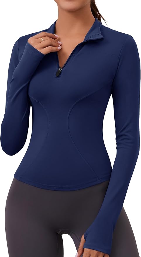LOMON Womens Long Sleeve Workout Tops Quick Dry Quarter Zip Pullover Crop Yoga Athletic Slim Fit Shirts