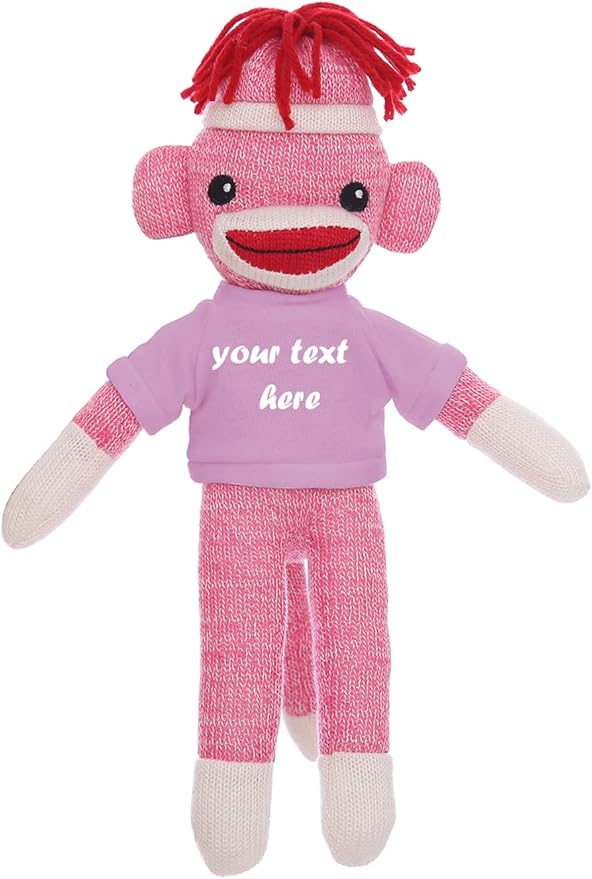 Personalized Huggable Pink Sock Monkey 8 Inch Plush Stuffed Animal Gift - Custom Text on Shirt - Perfect for Halloween Day Valentine's Day Graduation Day Birthday Present (Pink)