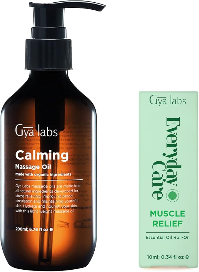 Calming Oil for Body (200ml) & Muscle Relief Essential Oil Roll On (10ml) Set - Aromatherapy Grade Essential Oils Set - Gya Labs