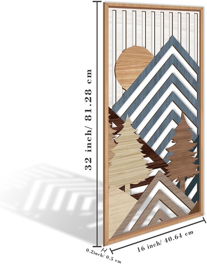 IARTTOP Large Mountain Wood Wall Art 16"x32"x3 Abstract Forest Wall Sculpture Geometric Boho Sunset Wilderness Artwork for Bedroom Living Room Office