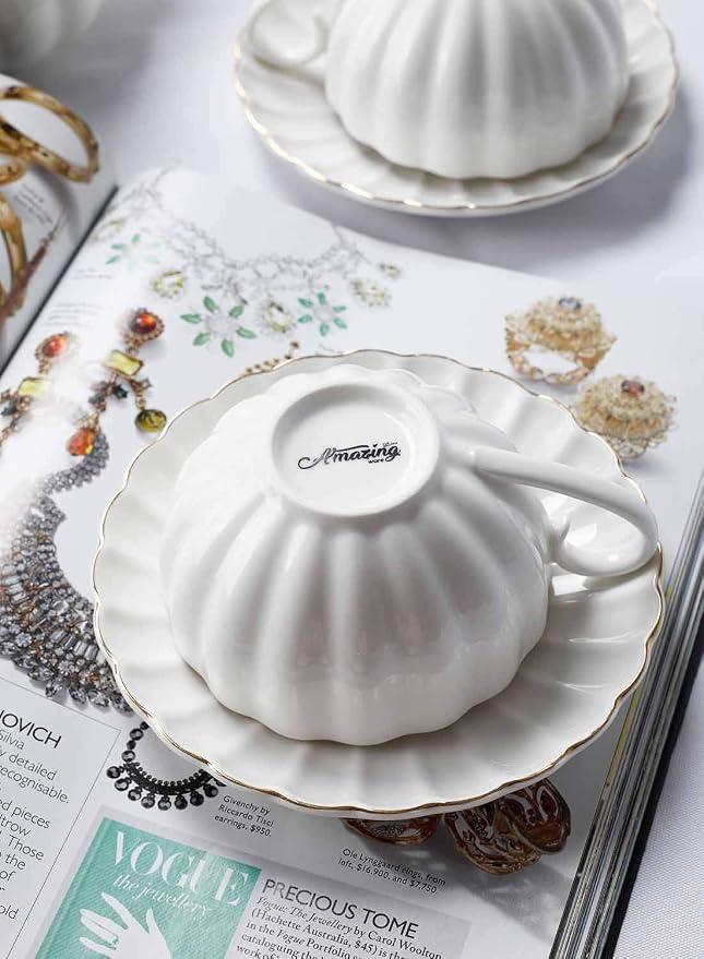 Royal Tea Cups and Saucers, with Gold Trim and Gift Box, British Coffee Cups, Tea Cup Set, Porcelain Tea Set, Cappuccino Cups, Latte Cups, Set of 6 (8 oz)- White