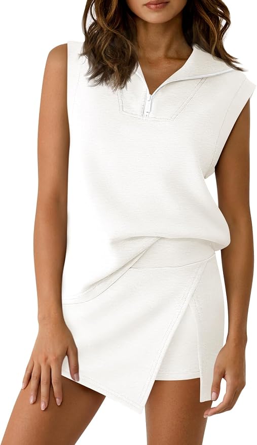 Fisoew Womens 2 Piece Skirt Sets Summer Sleeveless Half Zip Sweatshirt Athletic Skorts Tennis Outfits Casual Sweatsuits
