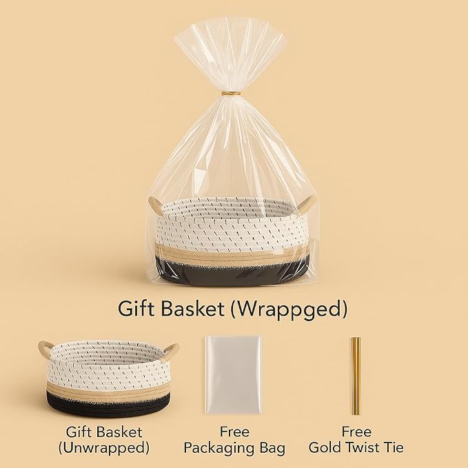 Yimi's Dream Woven Cotton Rope Gift Basket with Handles, Decorative Storage | White Brown Black Basket for Christmas, Housewarming, Nursery, Toys, Baby Laundry, Towels, Gifts( Oval 12 x 8 x 5 in)
