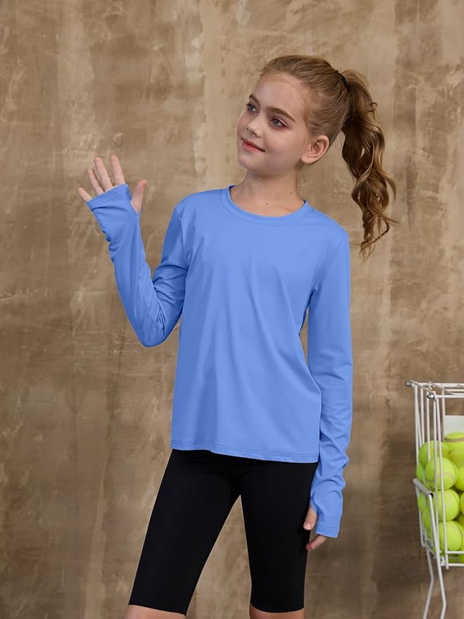 ZDC Girls Long Sleeve Athletic Shirts Kids Crewneck Quick Dry Workout Yoga Tops Basic Tees Activewear