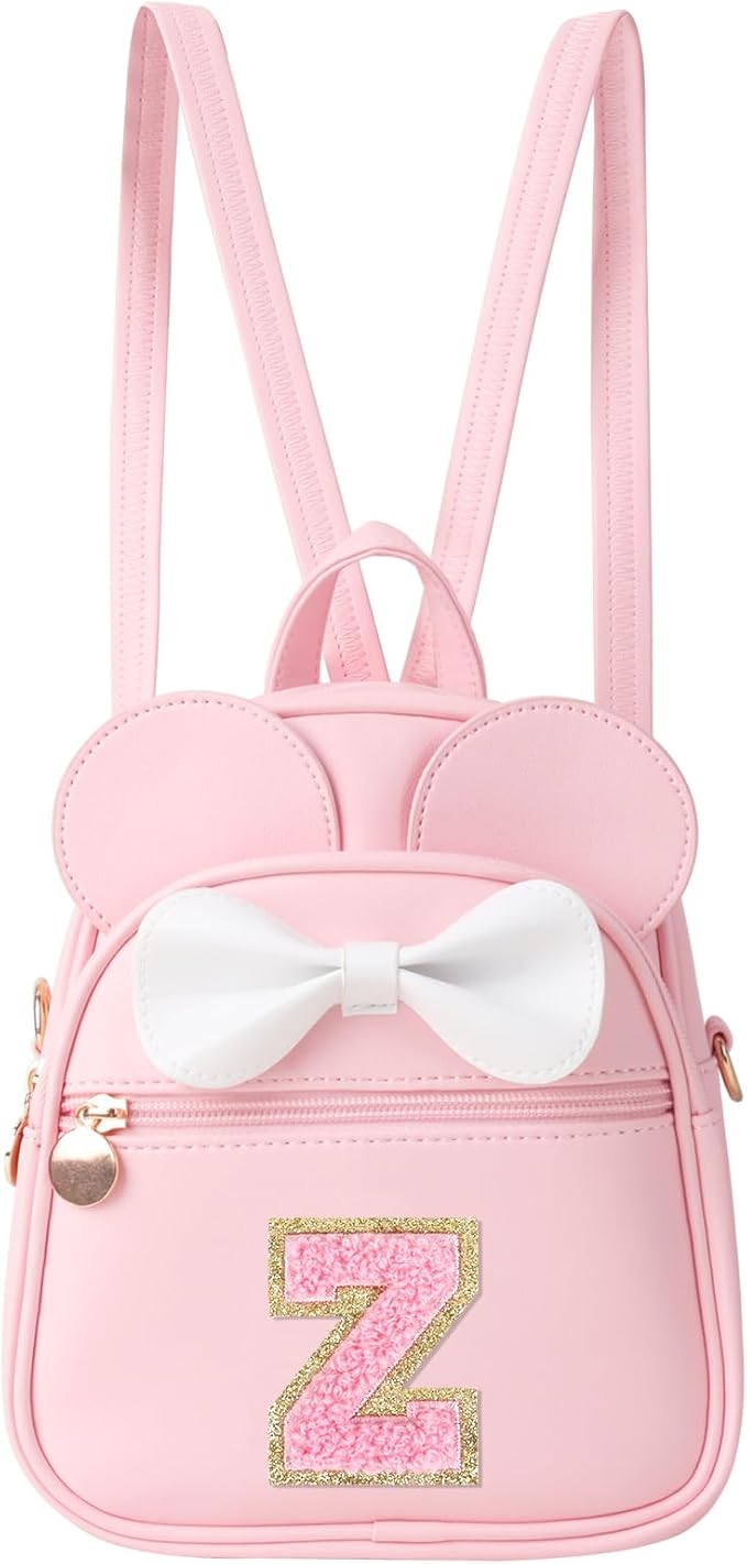 Personalized Toddler Backpack for Girls 3–10, Cute Mini Bowknot Mouse-Ear Toddler Bookbag Crossbody Purse, Small Daypack Wallet Set, Initial Birthday Gift, Trendy Little Kids/Teen Bag(Pink,Z)