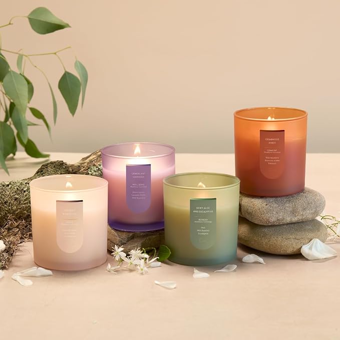 CUE Scented Candle |MoodBoost Essential Oils |OpenWick Clean Burning Candle | Soy Coconut Wax Blend | Candle for Home | Gift |Extended Burn Time (8.5oz, Dewy Aloe and Eucalyptus)